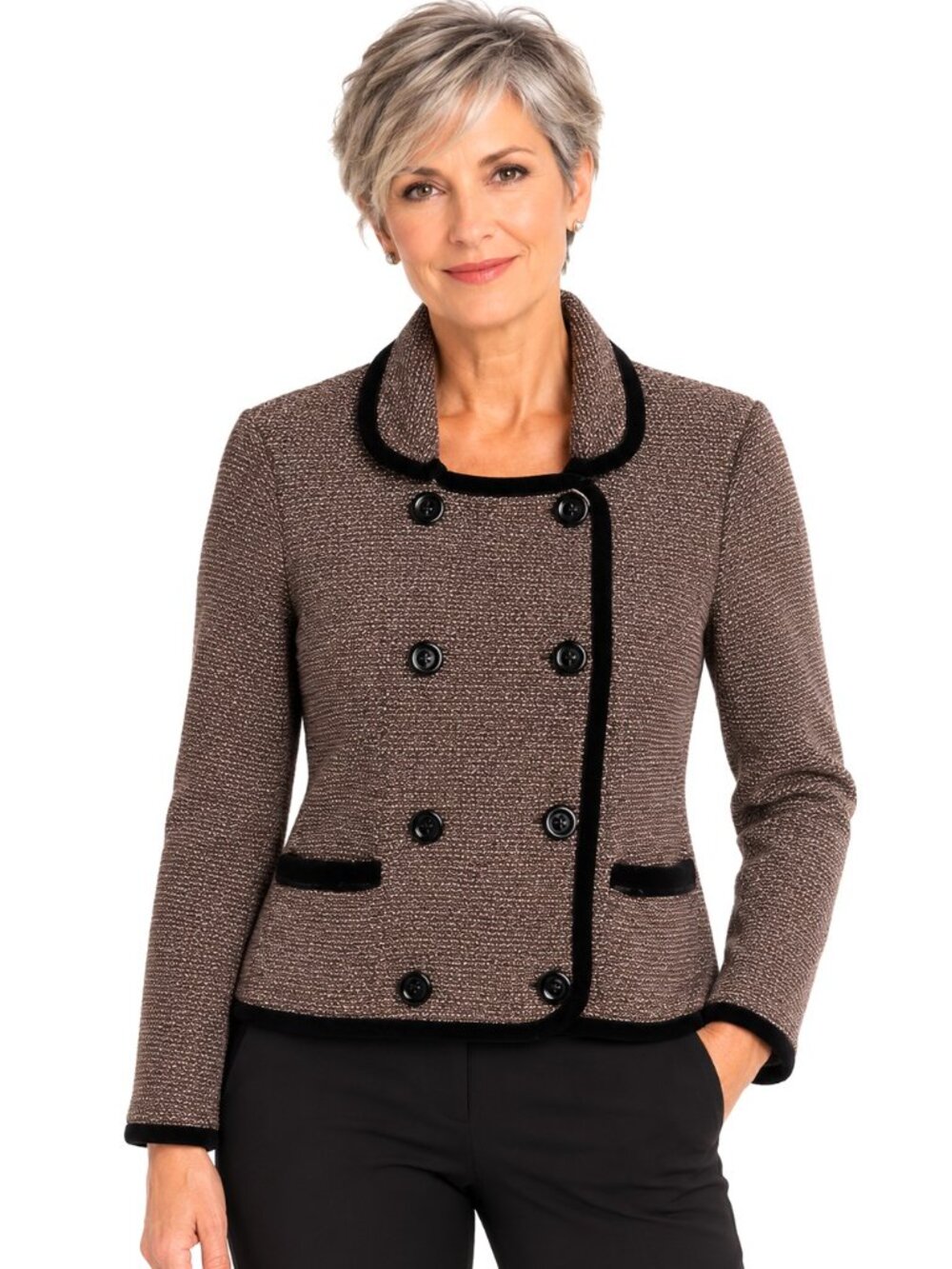 Morgan De Toi Made in France Brown Knit Double-Breasted Blazer